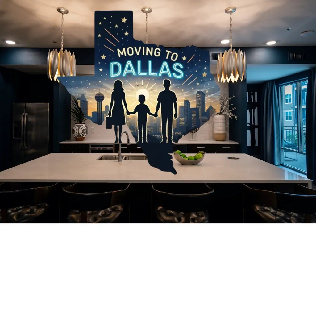 Moving to Dallas illustration with a family silhouette and the Dallas skyline shaped like Texas