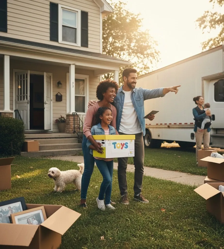 A family carrying boxes into their new home